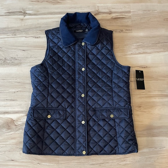 Lauren Ralph Lauren Quilted Vest Size M Dark Navy Zip Snap Corduroy Collar $160 - Picture 2 of 10